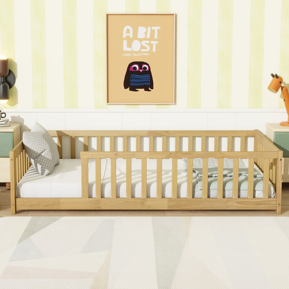 English Elm Twin Size Rubberwood Floor Bed with Safety Fence for Toddler Rooms Natural Finish W504P370528