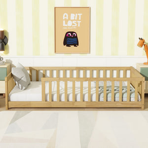 English Elm Twin Size Rubberwood Floor Bed with Safety Fence for Toddler Rooms Natural Finish W504P370528