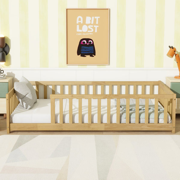 English Elm Twin Size Rubberwood Floor Bed with Safety Fence for Toddler Rooms Natural Finish W504P370528