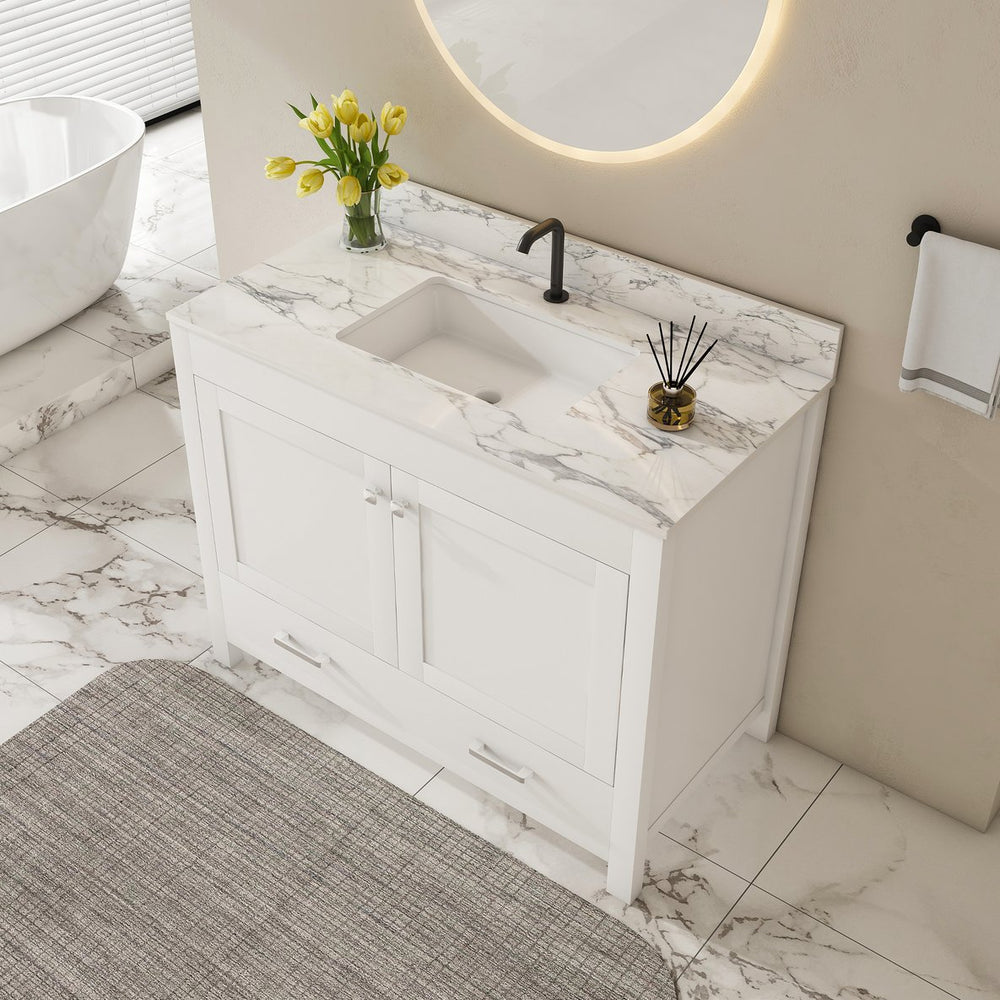 English Elm Modern 43" Bathroom Vanity With Durable Carrara White Top, Stylish Storage, And Soft-Closing Drawers W509S00142