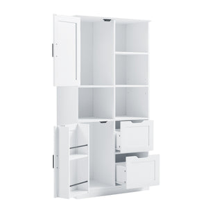 English Elm Bathroom Tall Storage Cabinet with Doors, 2 Drawers, Adjustable Shelf, Anti-Tip, MDF White, Sleek Handles WF530559AAK