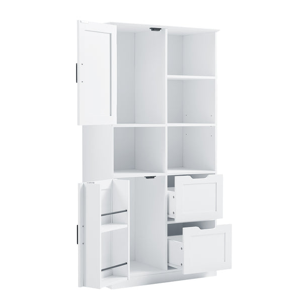 English Elm Bathroom Tall Storage Cabinet with Doors, 2 Drawers, Adjustable Shelf, Anti-Tip, MDF White, Sleek Handles WF530559AAK