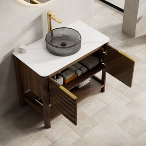 English Elm Dina Floating Bathroom Vanity Sintered Stone Top Glass Basin Striped Plywood Cabinet W2615S00730