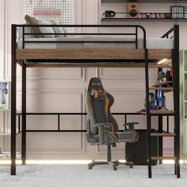 English Elm Metal Full Size Loft Bed with LED Light, Built-In Full-Length Desk, Storage Shelf & Ladder — Space-Saving Industrial Black, Sturdy Metal Frame for Study & Sleep GX001120AAB