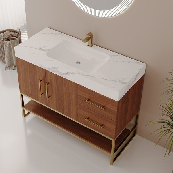 English Elm 36" Freestanding Bathroom Vanity Sintered Stone Top Integrated Basin Gold Hardware W3136S00057