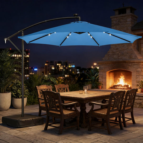 English Elm Garden Cantilever Patio Umbrella with Solar Led Lights and Upf30 Polyester Canopy Lake Blue T3971P481988