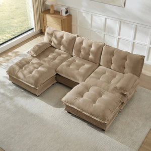 English Elm 107" U Shaped Chenille Sectional Cloud Sofa with Ottomans Deep Seat Modular Living Room Light Coffee W714S01709