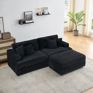 English Elm 82 Inch Black Corduroy Sofa With Storage Footstool & 4 Pillows – Stylish Comfort For Any Space! W1658S00104