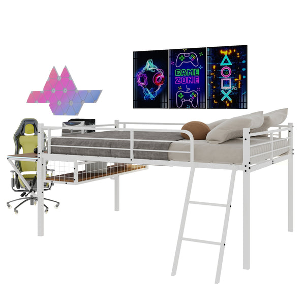 English Elm Full Size Steel Loft Bed with Integrated Desk Led Lighting and Under Bed Storage White W1935P463341