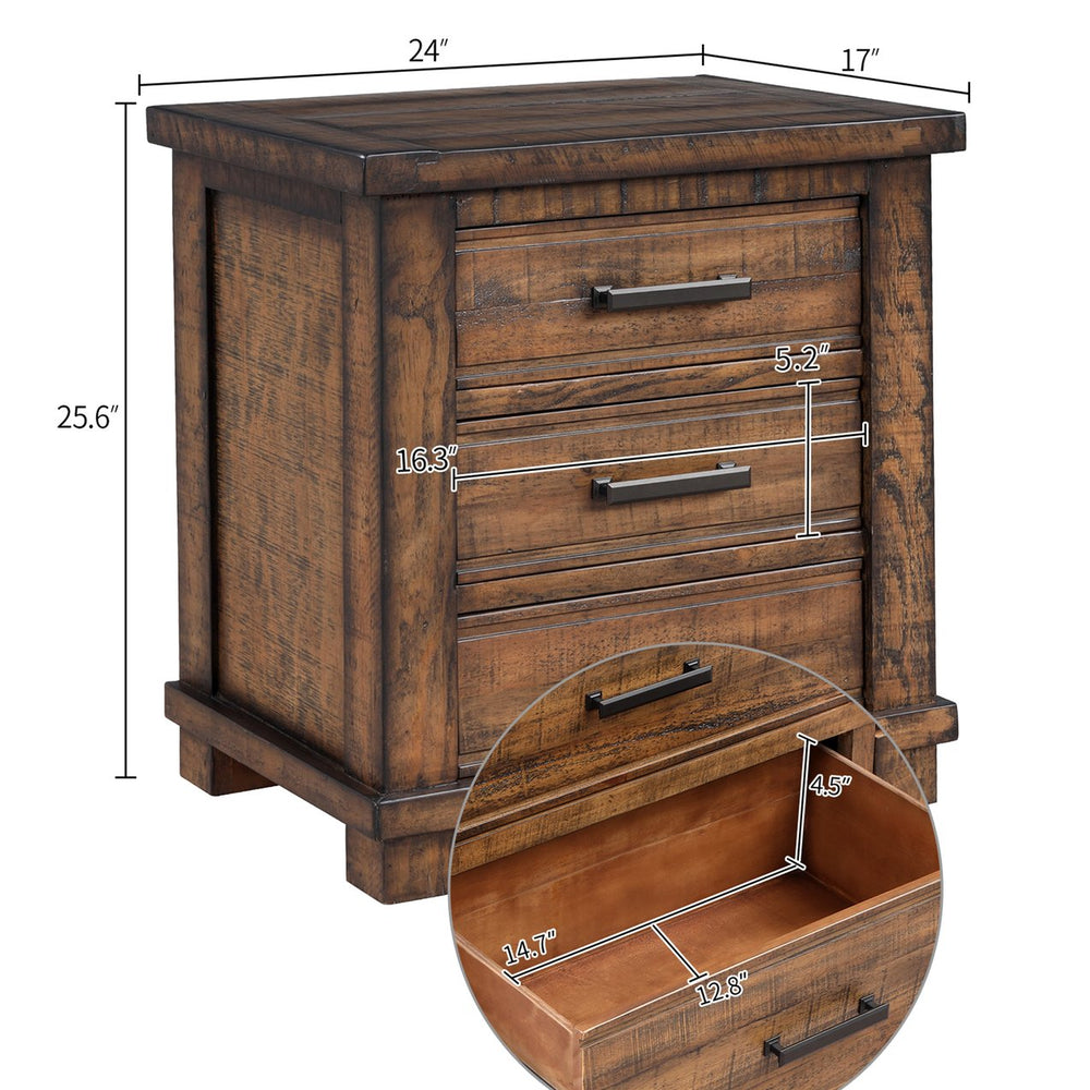 English Elm Rustic Reclaimed Pine Three Drawer Nightstand – Solid 100+ Year Wood, Full-Extension Glides, Iron Pulls WF531408AAD