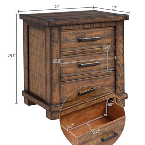 English Elm Rustic Reclaimed Pine Three Drawer Nightstand – Solid 100+ Year Wood, Full-Extension Glides, Iron Pulls WF531408AAD