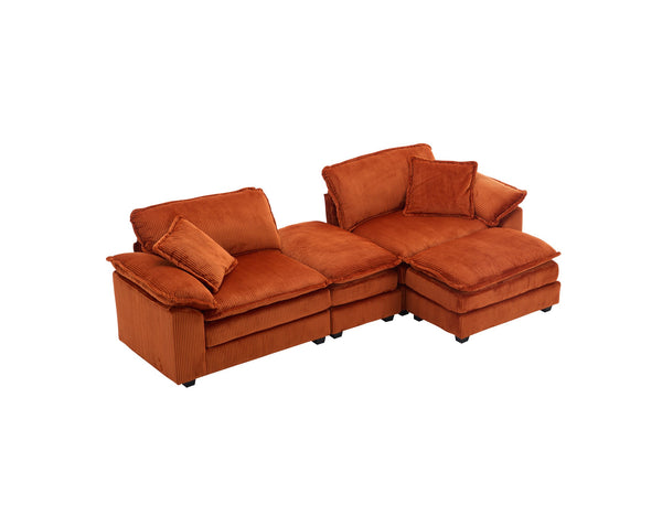 English Elm Corduroy Plush 2-Seat Sofa with 2 Back Cushions, Toss Pillows & Ottomans — Deep Seat Comfort Orange W2363S00066