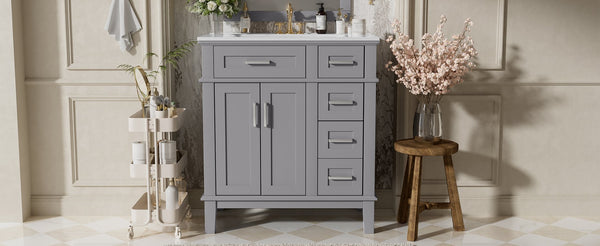 English Elm 30" Freestanding Bathroom Vanity Ceramic Sink Soft Close Cabinet Gray Wood Frame Grey N729P427118E