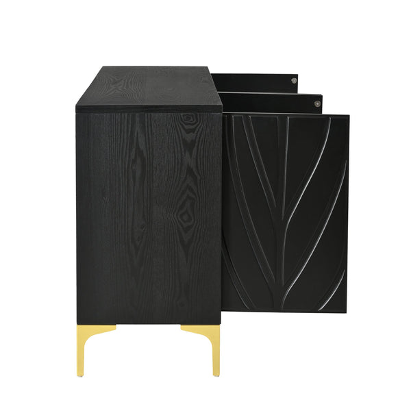 English Elm 60" Modern Handleless Sideboard Buffet Cabinet with Push-to-Open Doors, Carved Black Credenza, Adjustable Shelves, 220lb Top Load, Solid Wood MDF Storage for Living Room Entryway W2696P279985