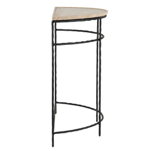 Boyles Travertine Demi-Lune Table with Unique Natural Stone Top & Elegant Forged Iron Base