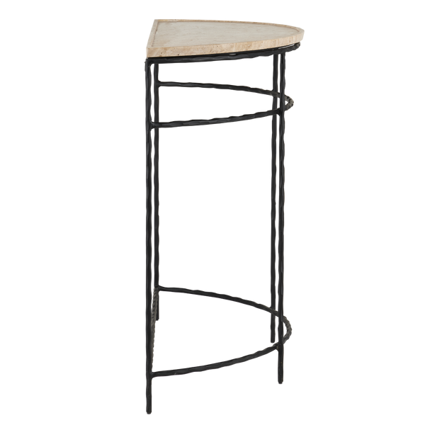 Boyles Travertine Demi-Lune Table with Unique Natural Stone Top & Elegant Forged Iron Base