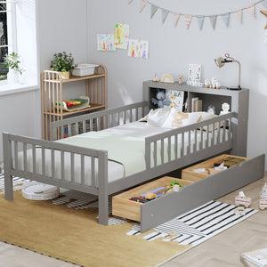 English Elm Twin Size Bed With Headboard Storage, Two Drawers & Safety Guardrails - Stylish Gray Design! N733P272374E-GIGA