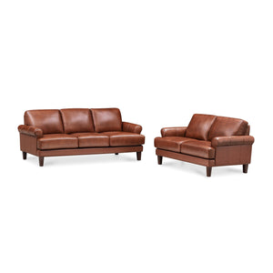 English Elm Dawn Leather Loveseat with Top-Grain Seating, Pocket Coil Cushions, Feather-Memory Foam Comfort Brown B2705P338103