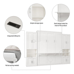 English Elm Full Murphy Bed with Desk & 2 Bookshelves, USB Ports, Adjustable Shelves, 600LB Capacity White BS7013008109C