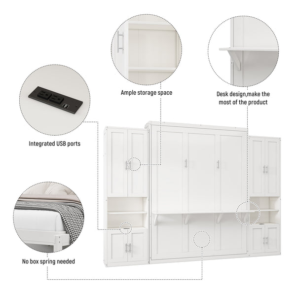 English Elm Full Murphy Bed with Desk & 2 Bookshelves, USB Ports, Adjustable Shelves, 600LB Capacity White BS7013008109C