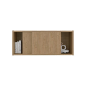 English Elm Natural Oak Floating Wall Cabinet with Sliding Door and Open Side Compartments B062P476871