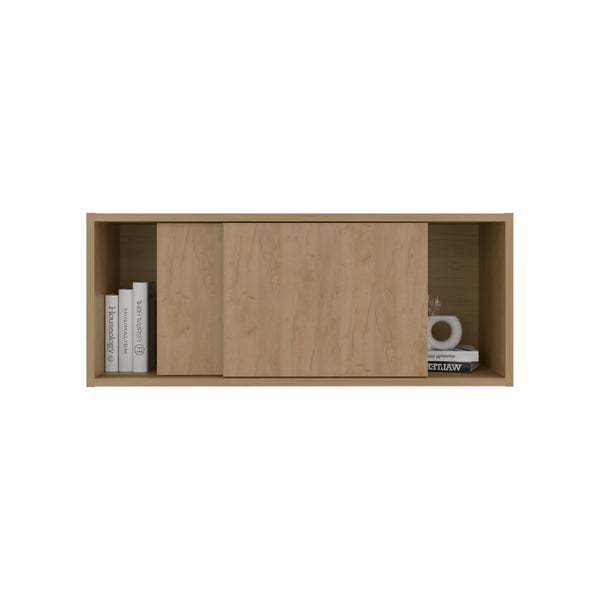 English Elm Natural Oak Floating Wall Cabinet with Sliding Door and Open Side Compartments B062P476871