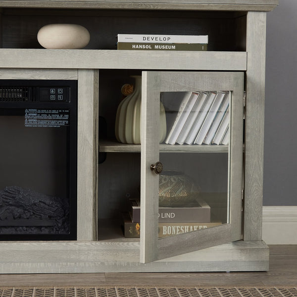 English Elm Contemporary Stone Gray TV Stand 60" Modern Entertainment Console for TVs up to 65" with Glass Cabinets and Adjustable Shelves W2275P389702