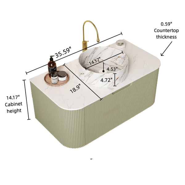 English Elm Dina 36" Wall-Mounted Bathroom Vanity With Stylish Round Sink, Soft-Close Drawer, Light Green Finish W2615S00502