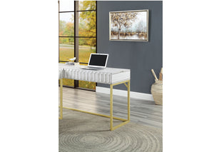 English Elm Transitional Two-tone Computer Desk with Matte Gold Metal Base, Lift-Top Work Surface and Concealed Drawer Storage Antique White 50 L x 28 W x 10 H B2741S00261