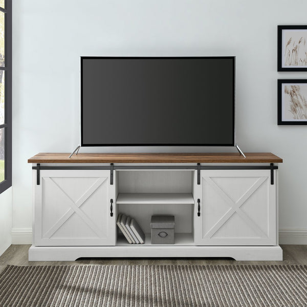 English Elm Walker Edison - Farmhouse Sliding X Barn Door TV Stand with Adjustable Shelves and Steel Hardware for 80" TVs White Washed 76 L x 27 W x 6 H B185P169396