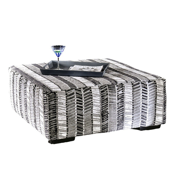 English Elm Transitional Square Upholstery Ottoman With Abstract Stripe Fabric & Multi-Finish Block Legs B2741P355844-GIGA