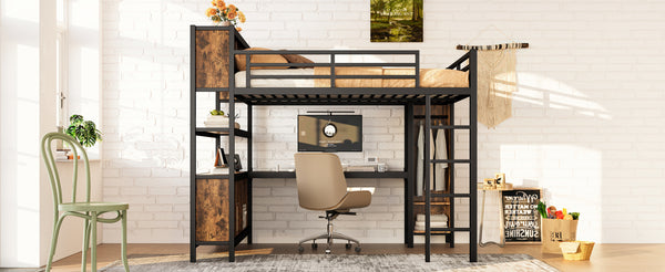 English Elm Metal Queen Loft Bed With L-Shaped Desk, Wardrobe, And Storage Cubes - Stylish Space Saver! W1580S00184