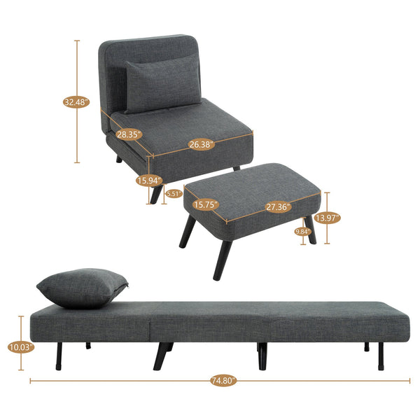 English Elm 3 Foldable Linen Chaise Lounge with Adjustable Backrest Footrest Detachable Pillow Convertible Sofa Bed for Small Spaces Grey 50.59 L x 27.76 W x 11.22 H W1716P280540