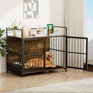 English Elm Dog Kennel Furniture Console with Rotating Feeder Bowls Steel Frame Brown Finish W3190P350230