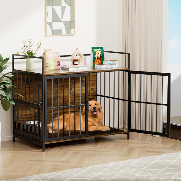 English Elm Dog Kennel Furniture Console with Rotating Feeder Bowls Steel Frame Brown Finish W3190P350230