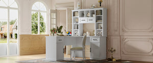 English Elm L-Shaped Corner Desk with 3 Cabinets, 2 Drawers & 11 Shelves, Built-In Power Outlet for Home Office White W1580S00188