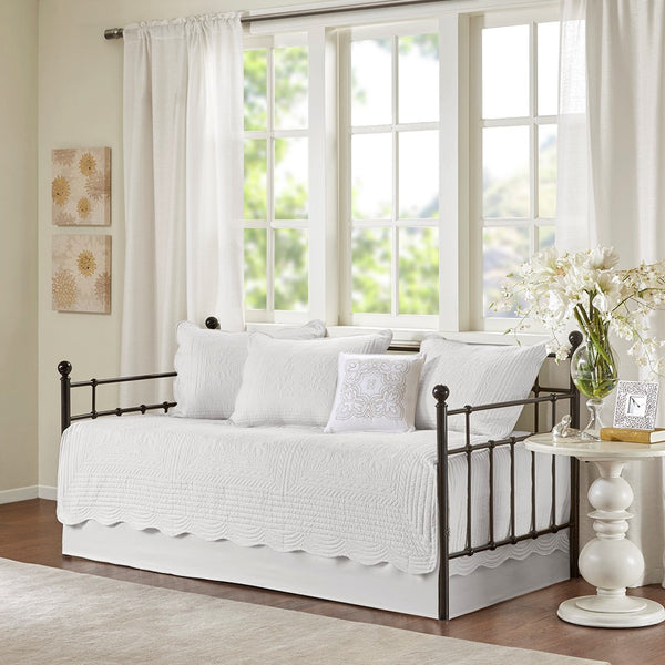 English Elm 6 Piece Reversible Scalloped Edge Daybed Cover Set with Antimicrobial Protection, Quilted Cottage Charm White 17.72 L x 15.35 W x 6.3 H B03597508