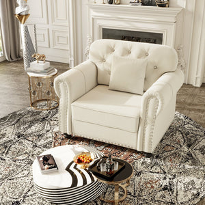 English Elm 41.3"upholstered Velvet Chesterfield Sofa Button Tufted with Nailhead Trim Reading Nook Beige+White W1885S00373