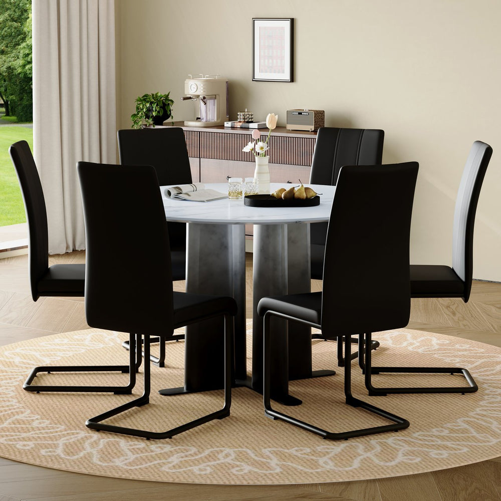 English Elm Modern Round Faux Marble Seven Piece Dining Set with Pu Upholstered Cantilever Chairs W3875S00071