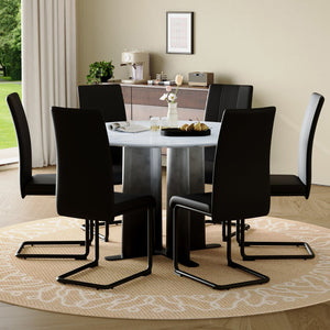 English Elm Modern Round Faux Marble Seven Piece Dining Set with Pu Upholstered Cantilever Chairs W3875S00071