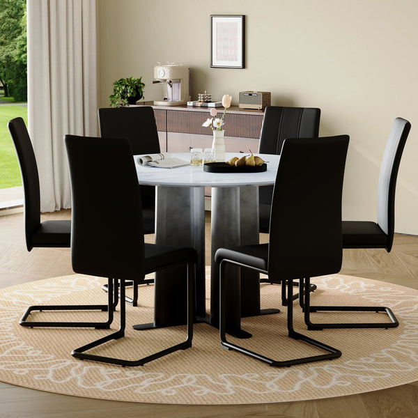 English Elm Modern Round Faux Marble Seven Piece Dining Set with Pu Upholstered Cantilever Chairs W3875S00071