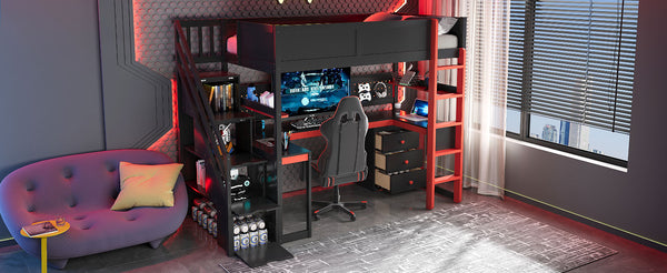English Elm Full Size Gaming Loft Bed with Led Lighting Desk Shelves and Usb Charging Ports N820S00070J
