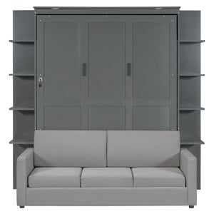 English Elm Queen Murphy Bed with Integrated Sofa Space Saving Fold Down Cabinet for Studio Living Gray LP000591AAE-2