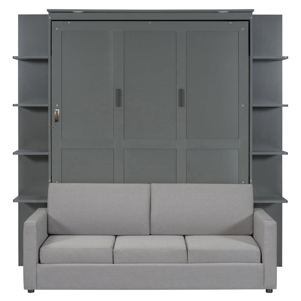 English Elm Queen Murphy Bed with Integrated Sofa Space Saving Fold Down Cabinet for Studio Living Gray LP000591AAE-1