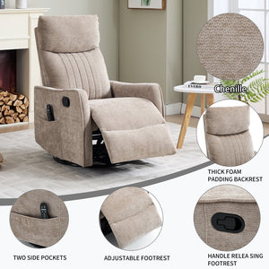 English Elm Beige Fabric Swivel Rocker Recliner with Massage Nodes and Lumbar Heat for Living Room Khaki W1803P363422