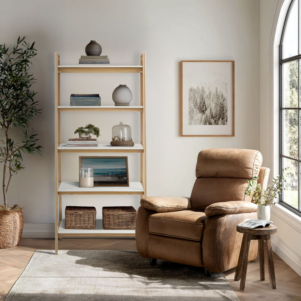 JLA Home Madison Park - Shelf Parker Mid-Century Bookcase – Solid Wood Two-Tone 5-Shelf Display, Natural Frame & White Shelves MP131-1061
