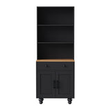 English Elm Farmhouse Storage Cabinet With 4 Solid Wood Gourd-Shaped Legs, Modern Kitchen Pantry Cabinet With Adjustable Shelves, 5 Tier Bookshelf With Drawer For Living Room, Black