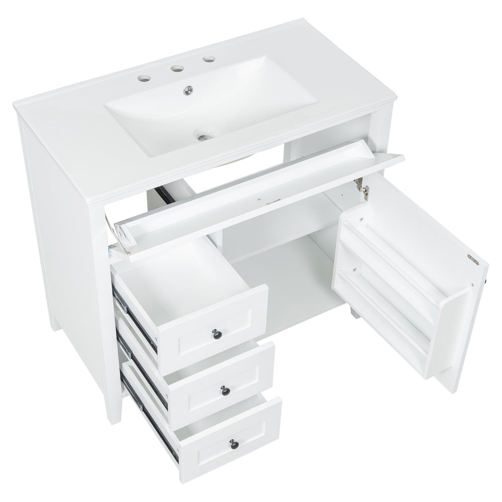 English Elm 36-Inch White Bathroom Vanity With Sink, Modern Mdf & Rubberwood, 3 Drawers & Adjustable Shelf Storage N725P350821K