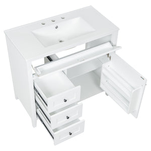 English Elm 36-Inch White Bathroom Vanity With Sink, Modern Mdf & Rubberwood, 3 Drawers & Adjustable Shelf Storage N725P350821K