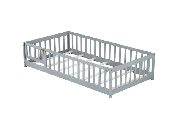 English Elm Twin Solid Rubberwood Floor Bed with Full Perimeter Safety Rails for Toddler Rooms Grey W504P296776